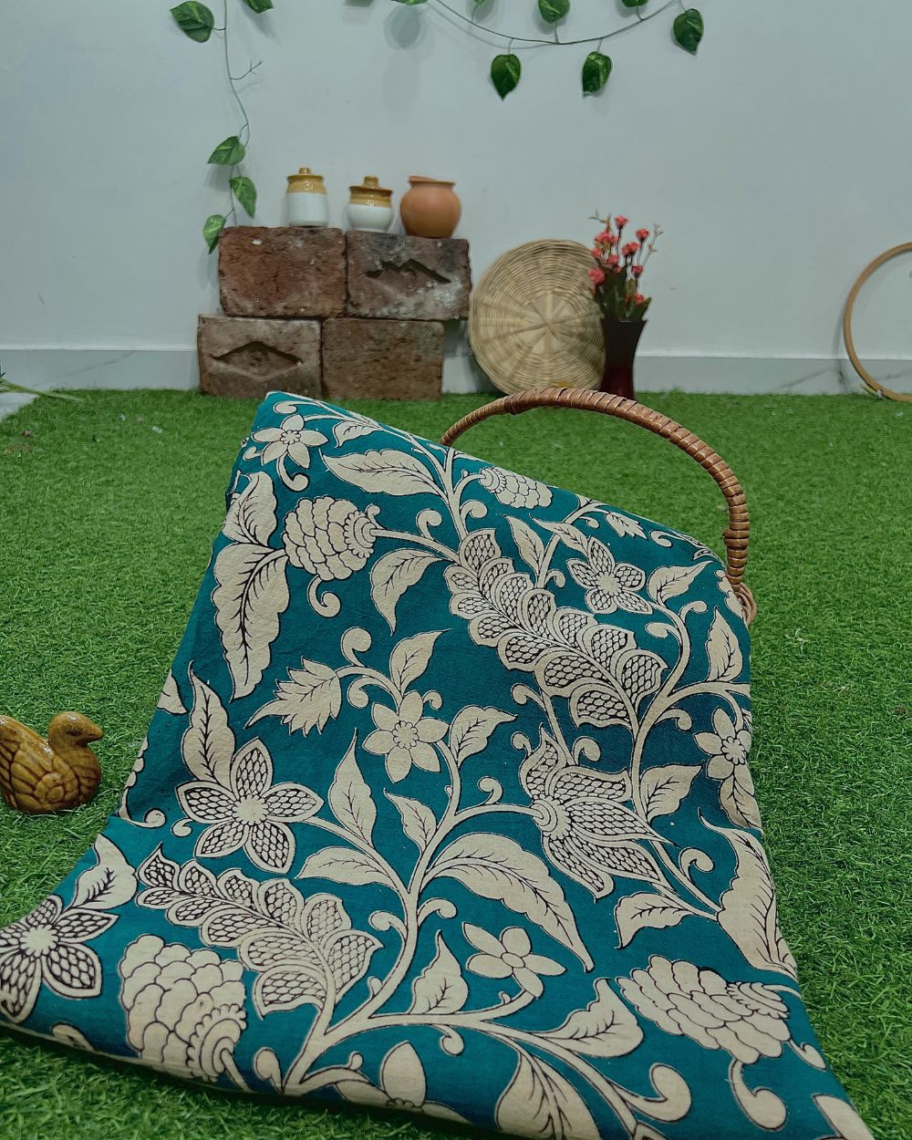 Hand Block Printed Cotton Kalamkari Turquoise Blue Colour 47 Inches Width