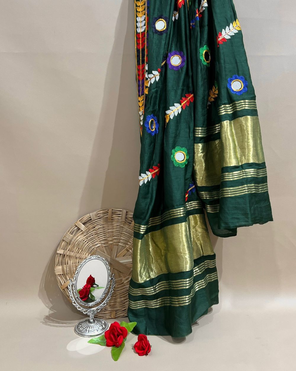 Abla Work Lagdi Patta Dupatta Art Silk Bottle Green Colour 40 Inches Width