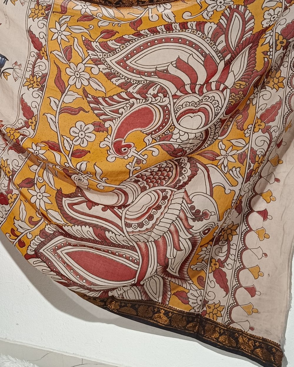 Hand Block Printed Cotton Kalamkari Saree with Blouse Piece Light Beige Colour 46 Inches Width