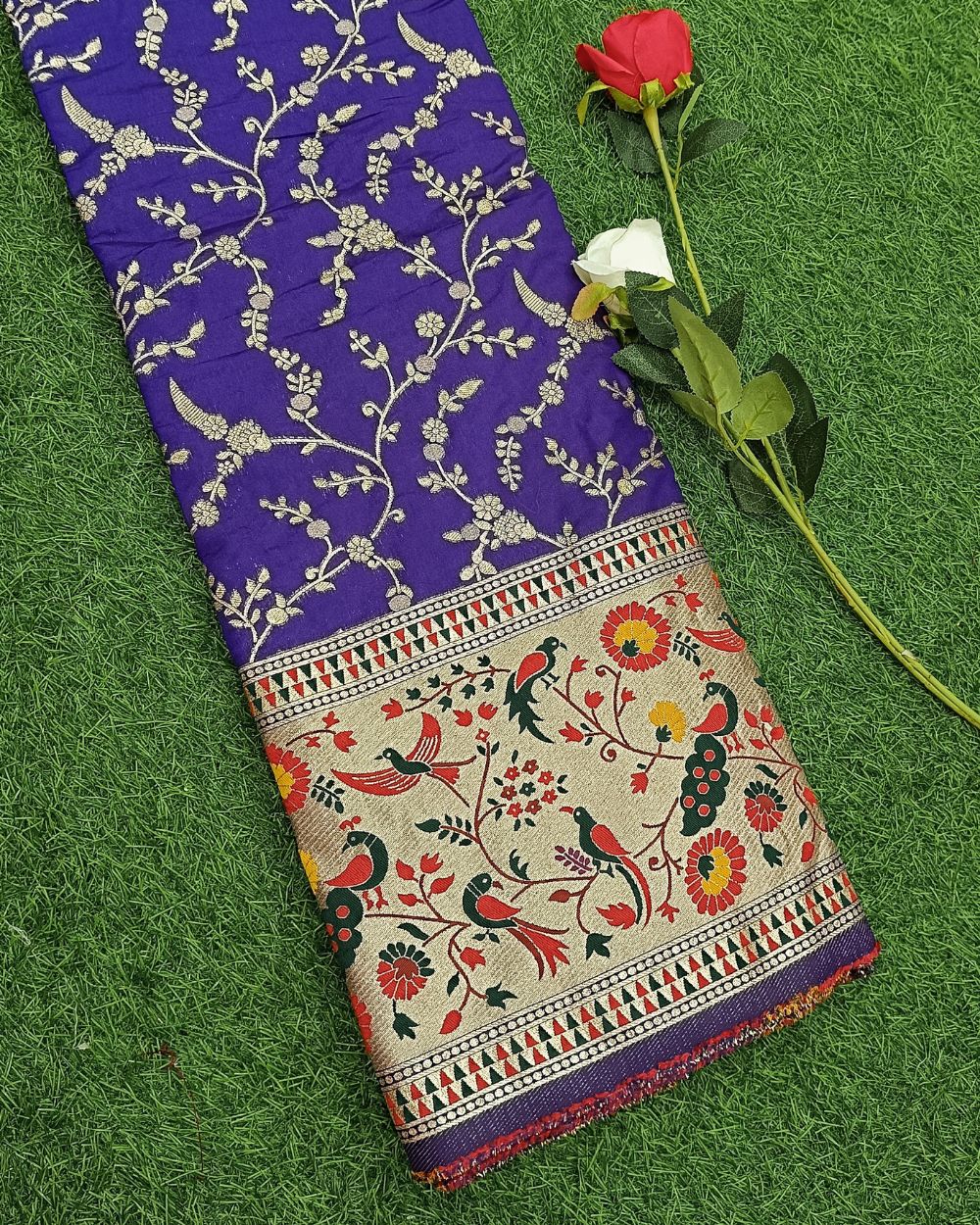 Chanderi Work with Paithani Border Royal Blue Colour 41 Inches Width