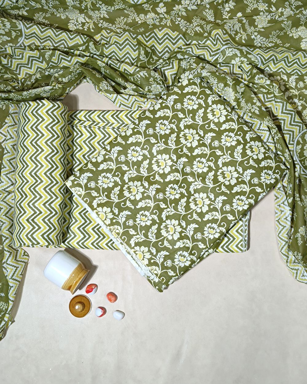 Printed Cotton Unstitched Top-Bottom Set with Dupatta Mehandi Green Colour 44 Inches Width