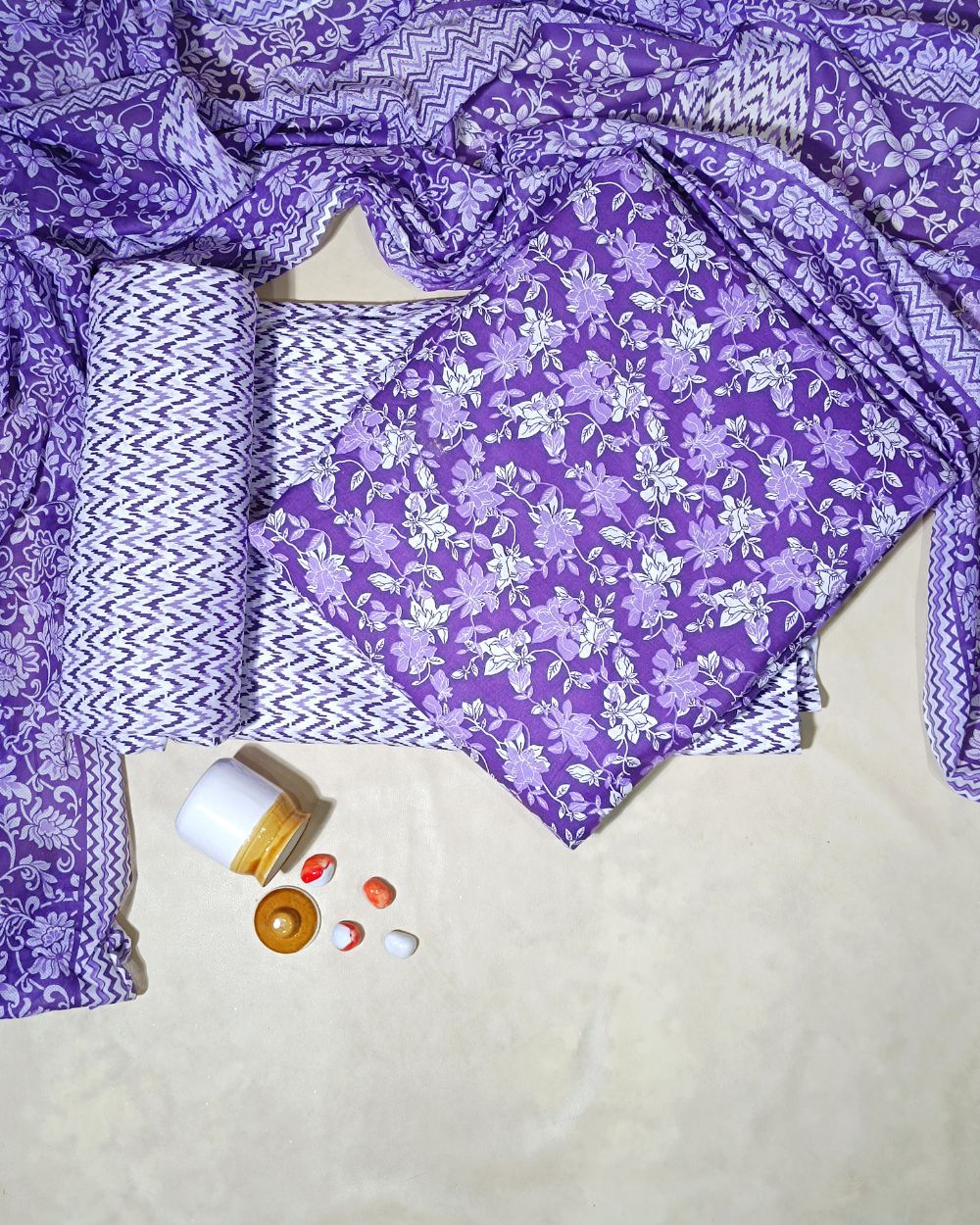 Printed Cotton Unstitched Top-Bottom Set with Dupatta Purple Colour 44 Inches Width