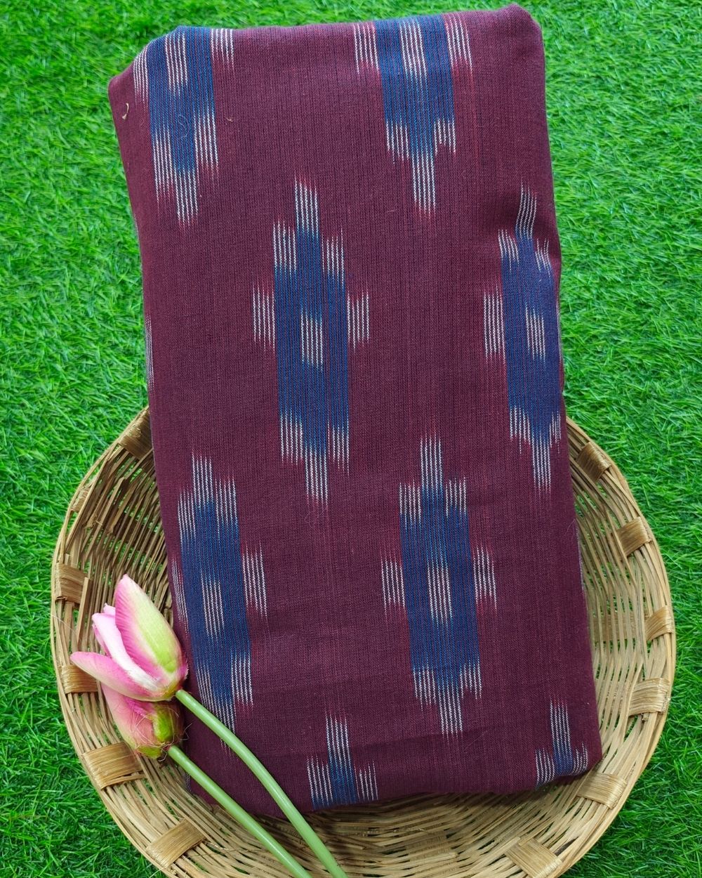 Woven Pure Cotton Ikat Dark Maroon Colour 42 Inches Width