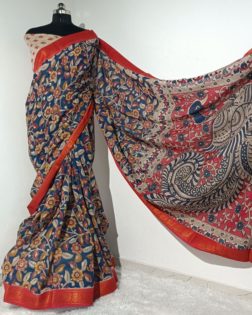 Hand Block Printed Cotton Kalamkari Saree with Blouse Piece Blue Colour 46 Inches Width