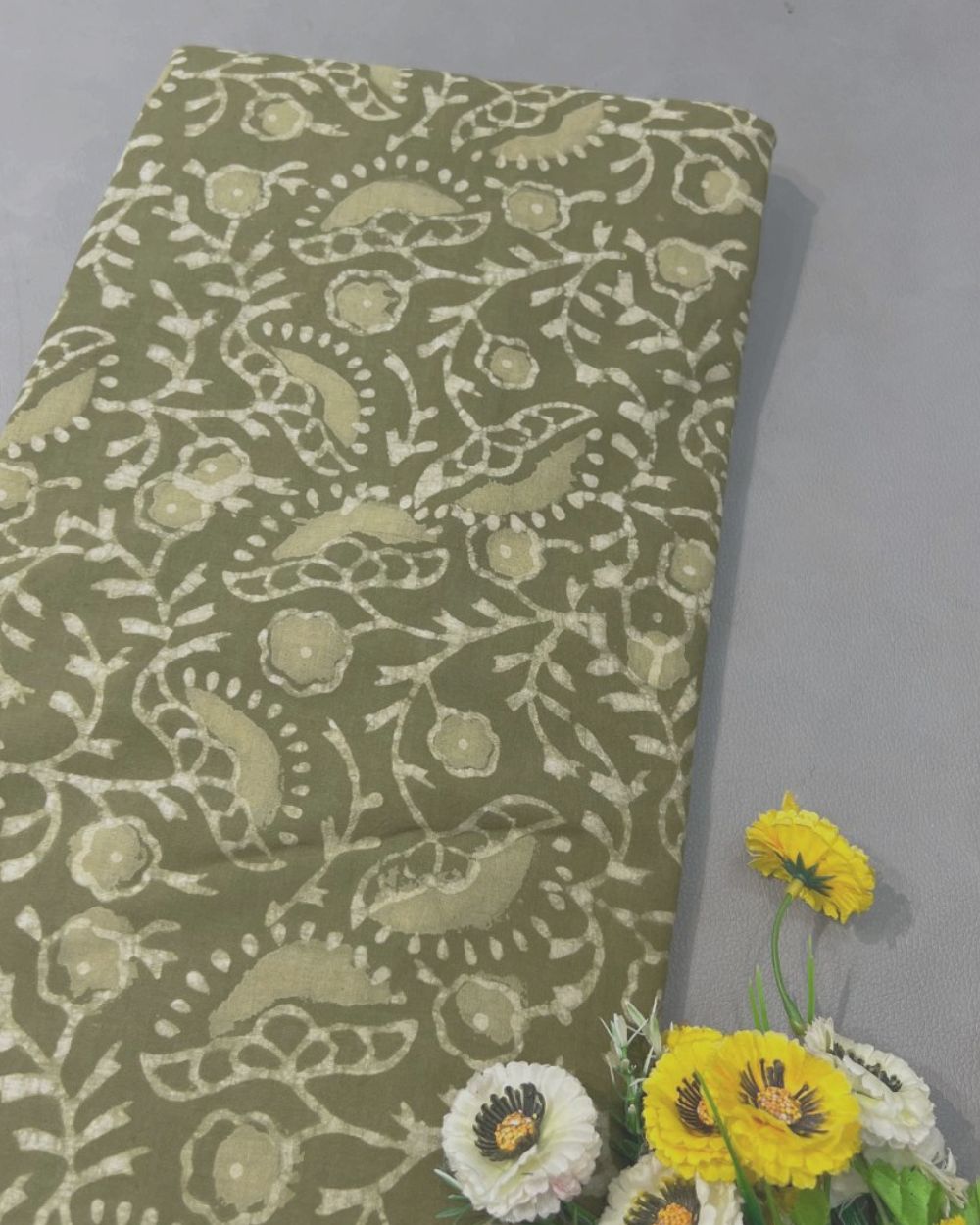 Cotton Dabu Hand Block Print Moss Green Colour 44 Inches Width