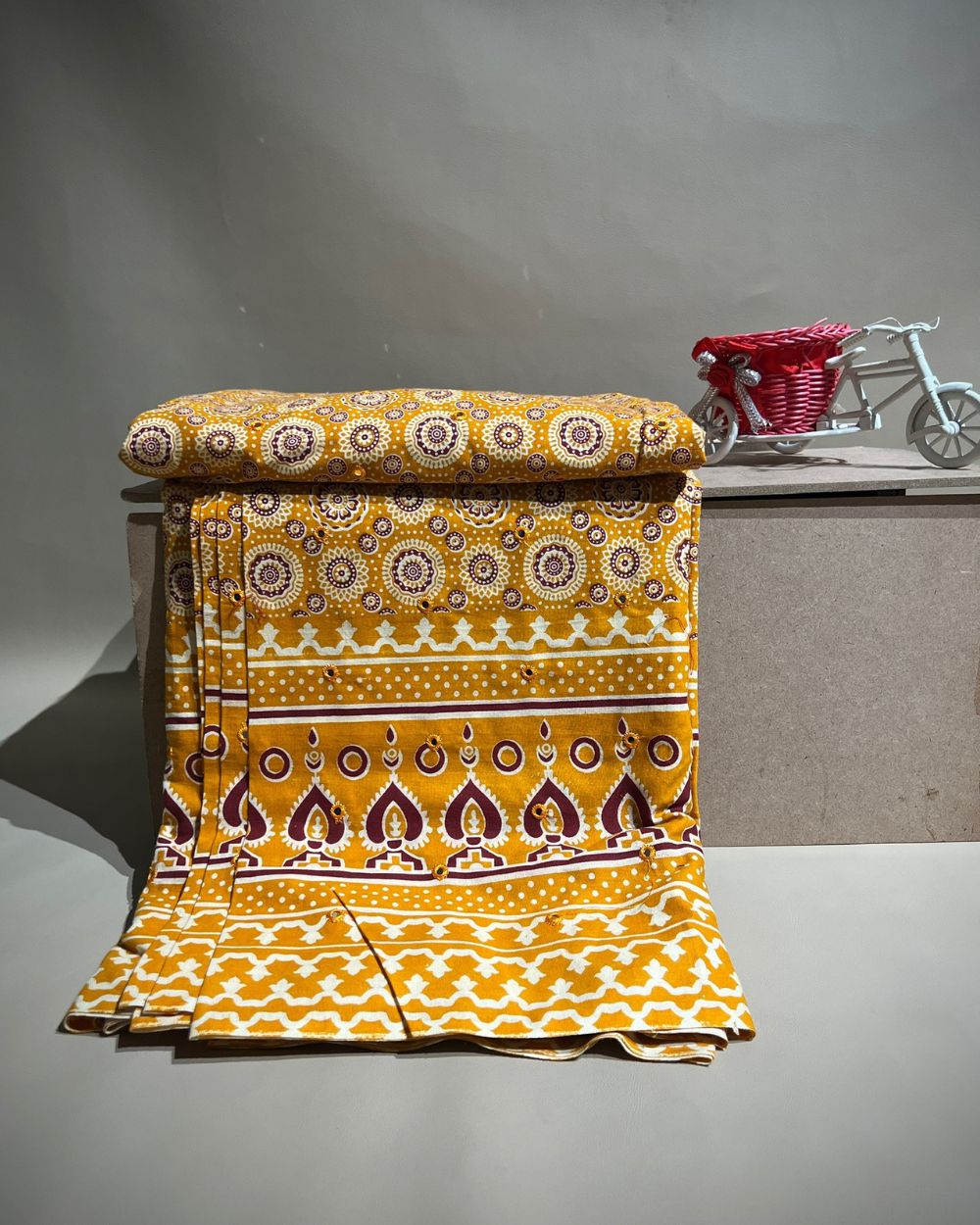 Cotton Abla Work With Border Mango Yellow Colour 44 Inches Width