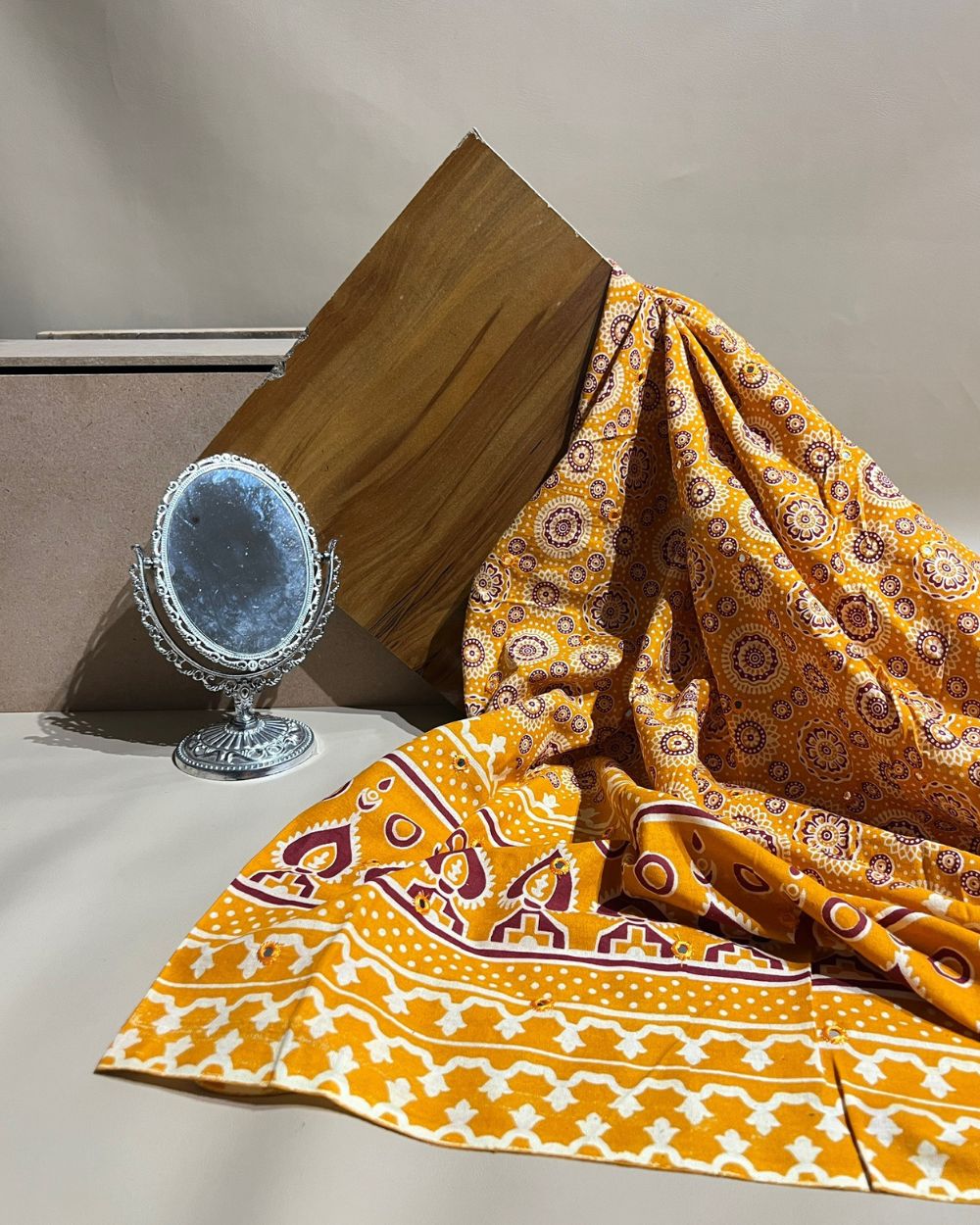 Cotton Abla Work With Border Mango Yellow Colour 44 Inches Width