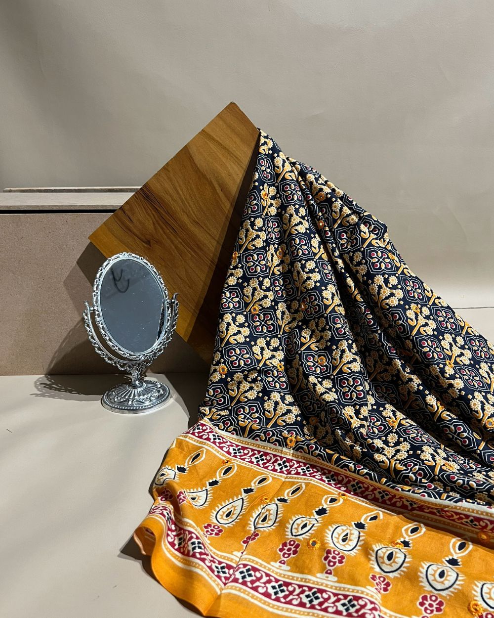 Cotton Abla Work With Border Dark Navy Blue Colour 44 Inches Width