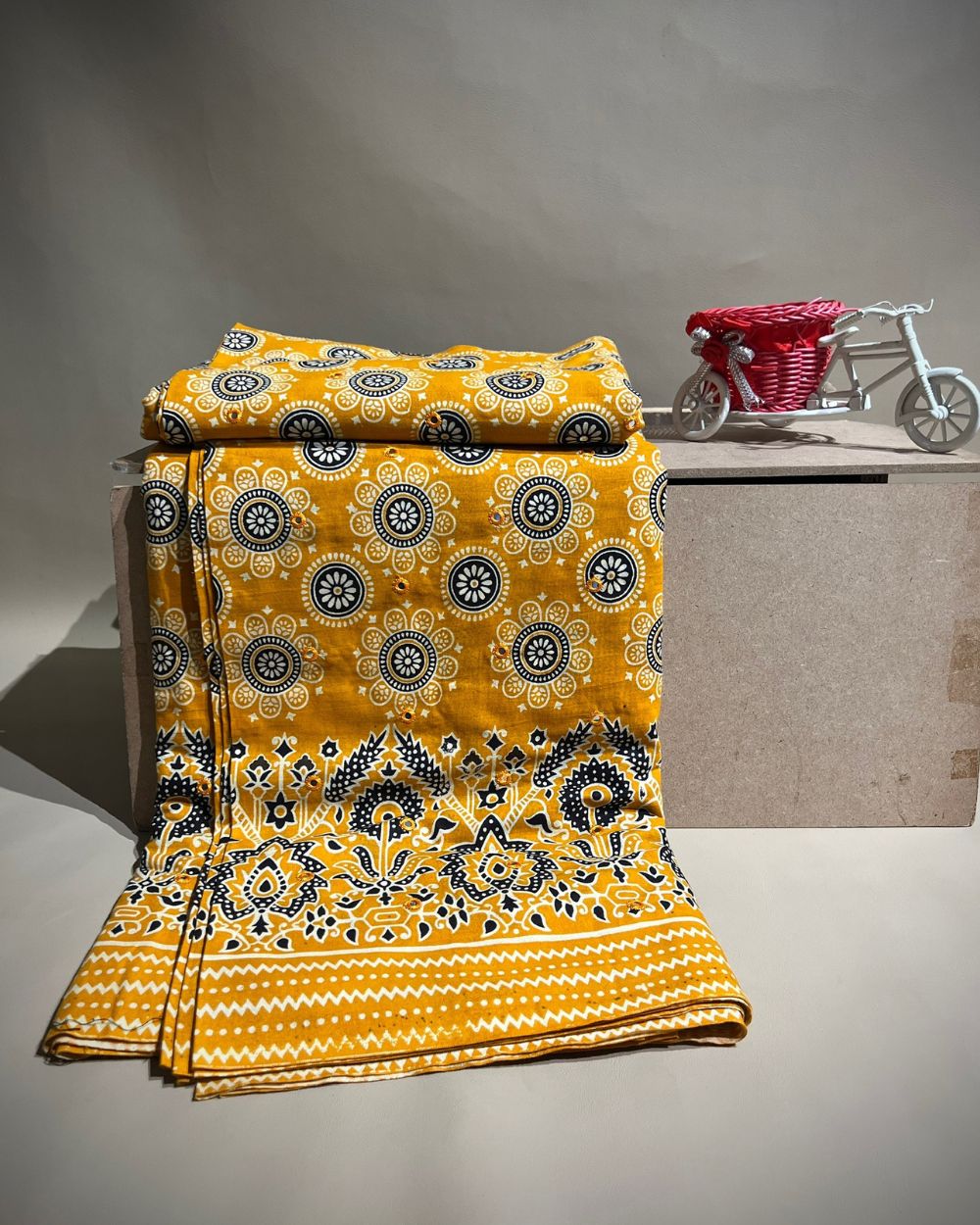 Cotton Abla Work With Border Mango Yellow Colour 44 Inches Width