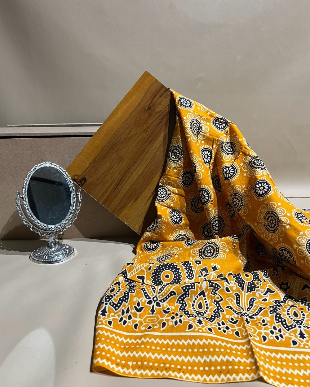 Cotton Abla Work With Border Mango Yellow Colour 44 Inches Width