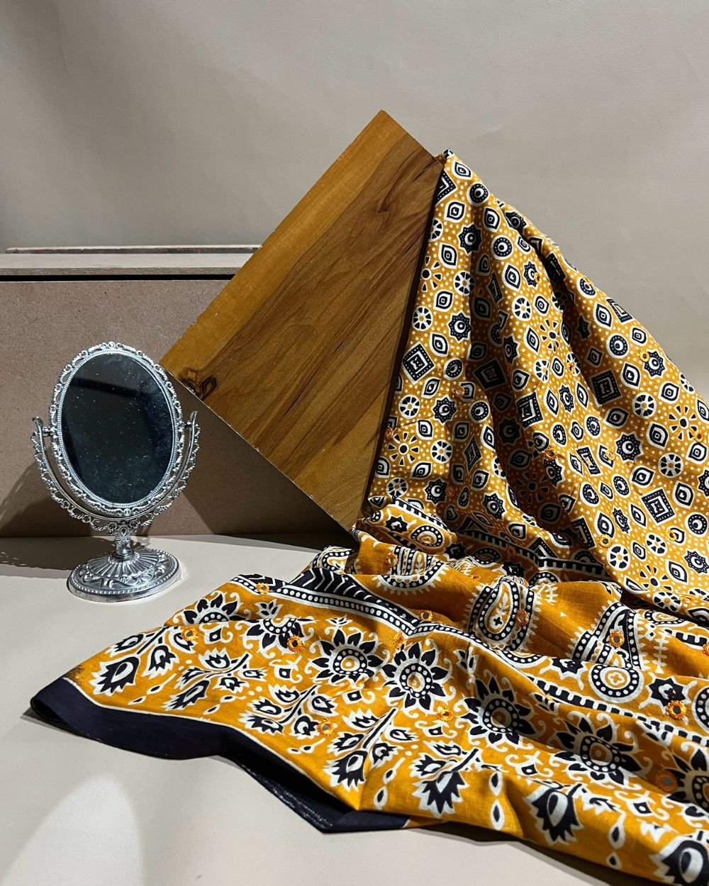 Cotton Abla Work With Border Mango Yellow Colour 44 Inches Width