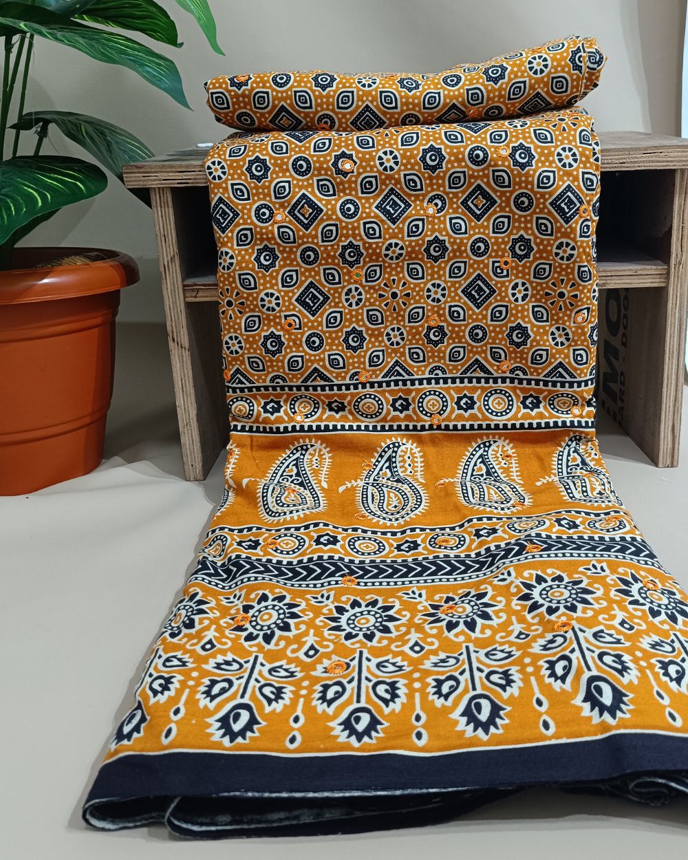 Abla Work Cotton Fabric Mango Yellow| Balaji Cutpiece