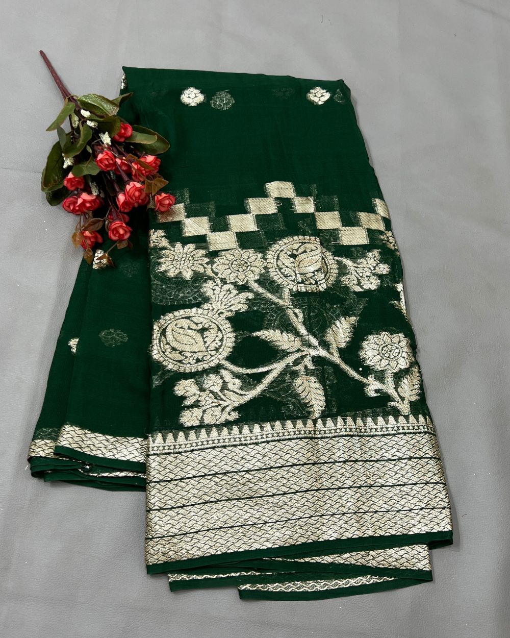 Pure Viscose Saree Without Blouse Bottle Green Colour