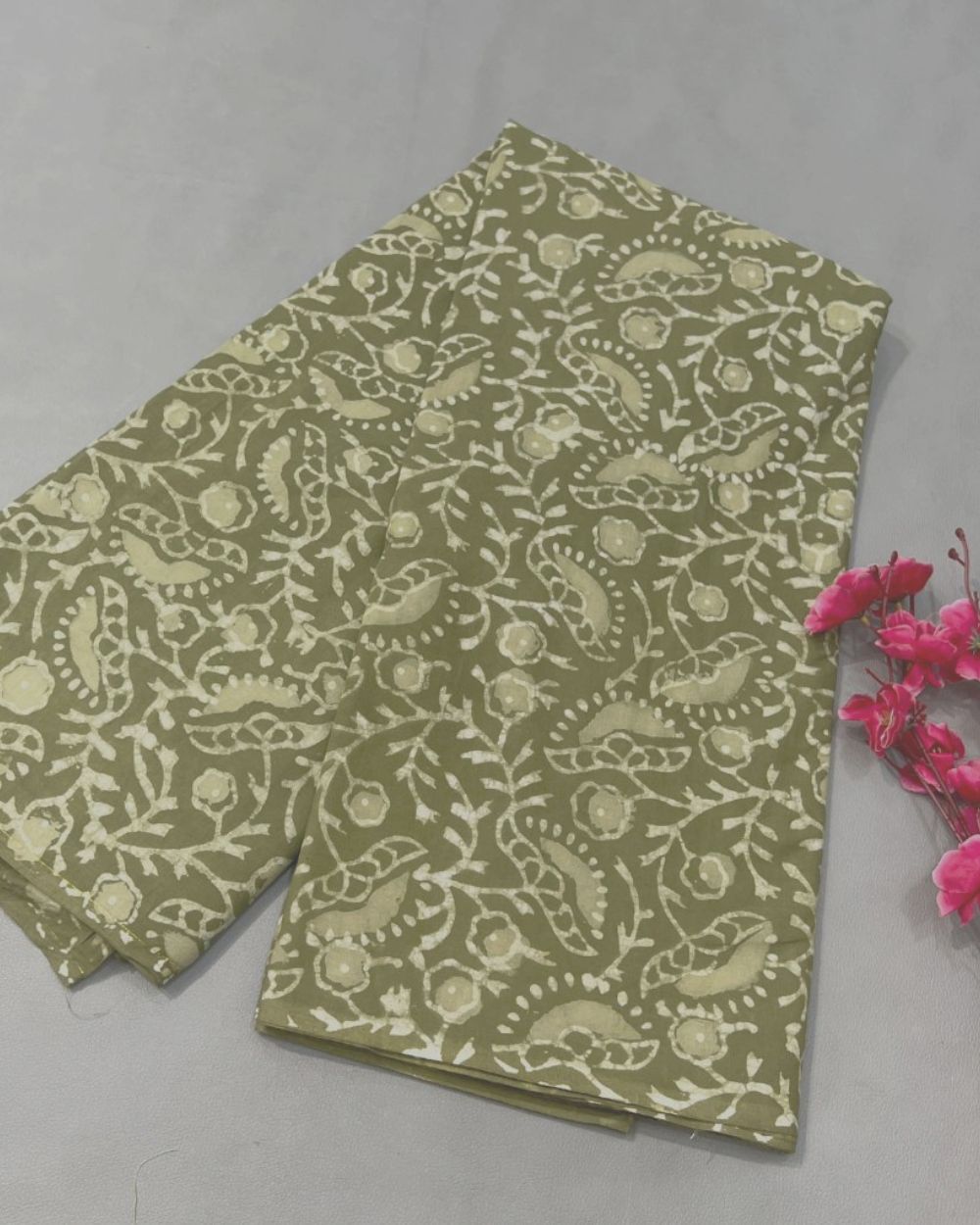 Cotton Dabu Hand Block Print Moss Green Colour 44 Inches Width