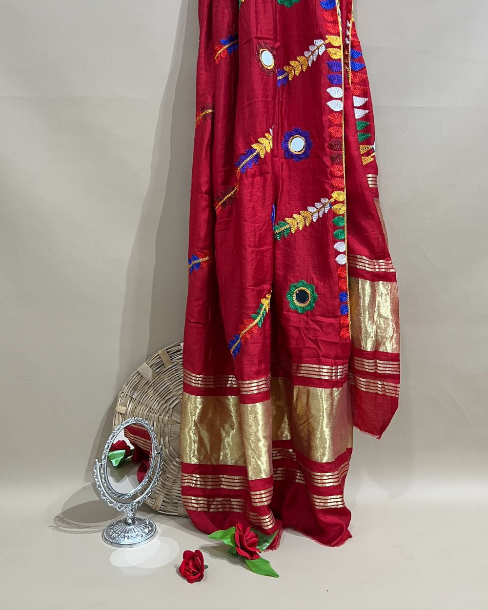 Abla Work Lagdi Patta Dupatta Art Silk Red Colour 40 Inches Width