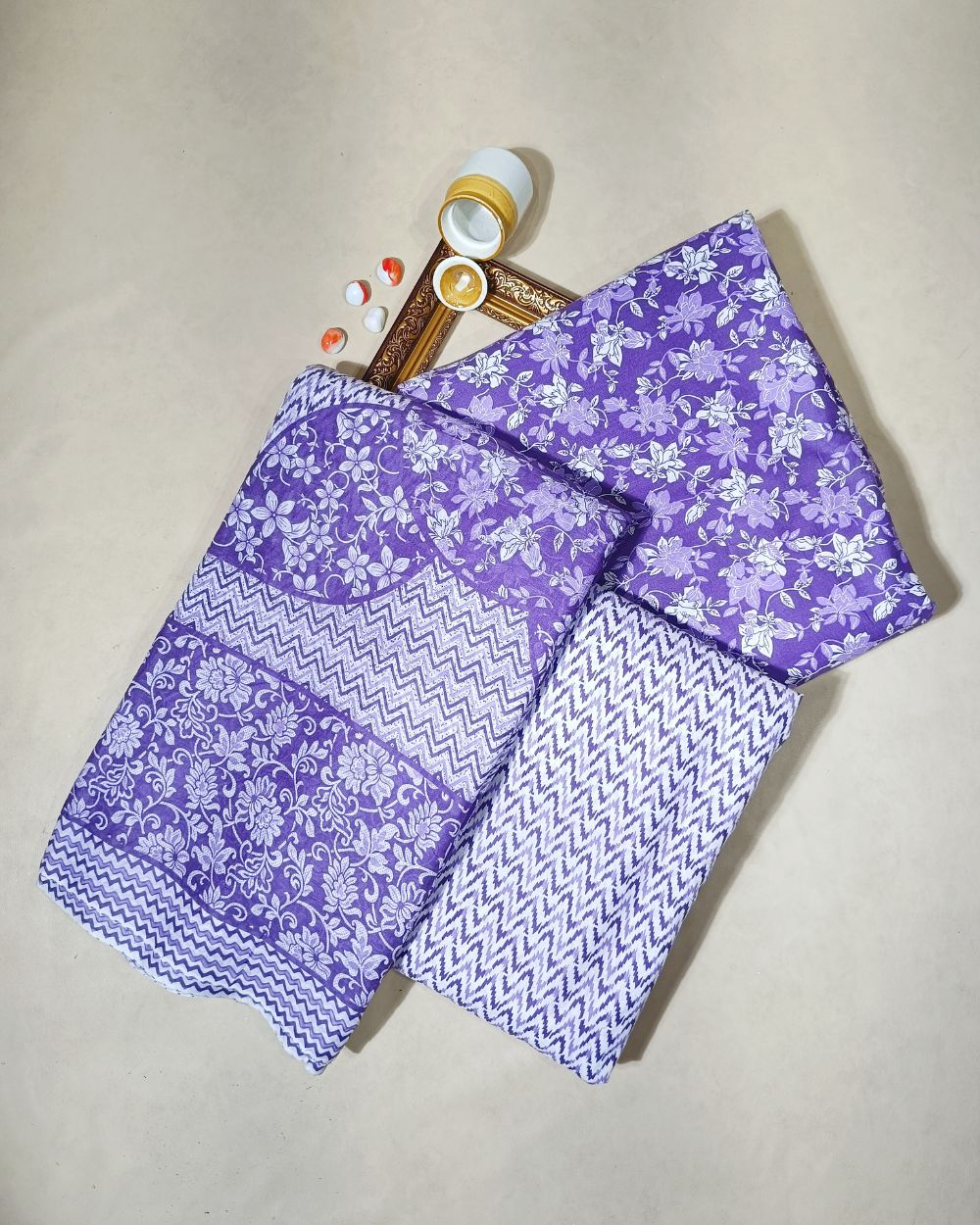 Printed Cotton Unstitched Top-Bottom Set with Dupatta Purple Colour 44 Inches Width
