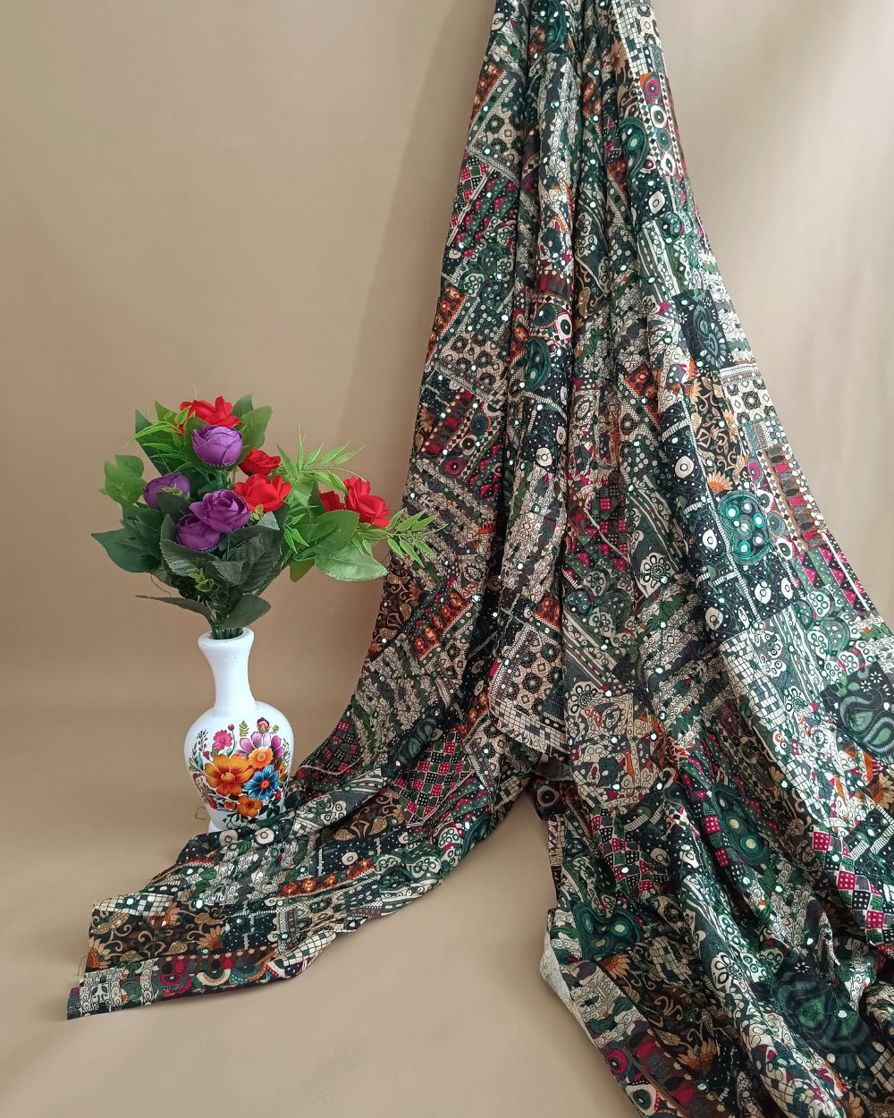 Cotton Abla Work with Foil Green 42 Inches Width