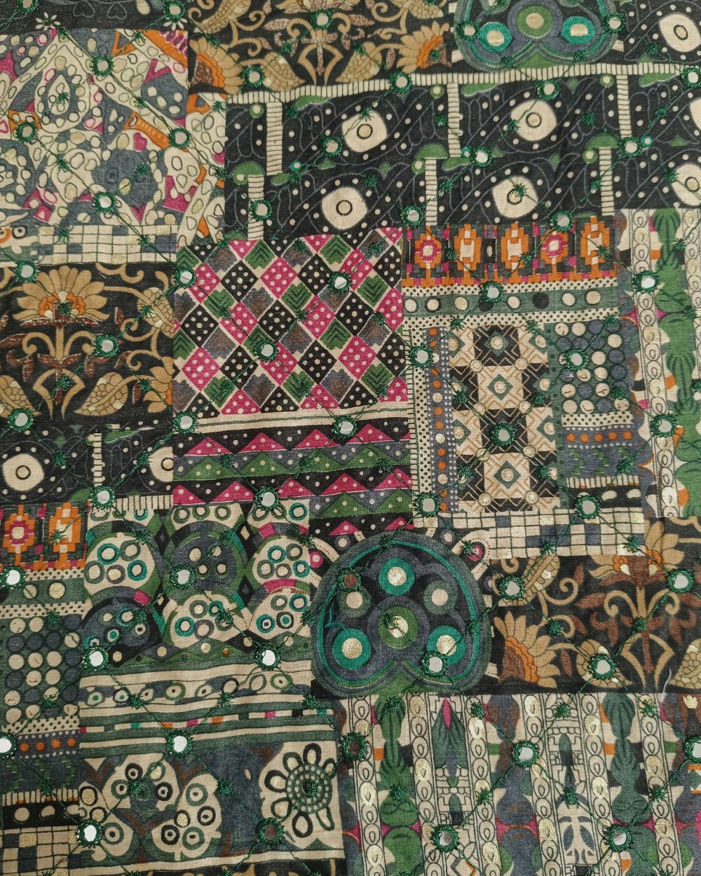 Cotton Abla Work with Foil Green 42 Inches Width