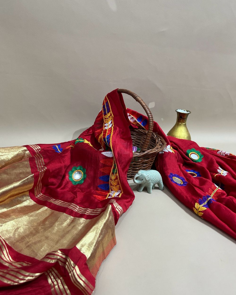 Abla Work Lagdi Patta Dupatta Art Silk Red Colour 40 Inches Width