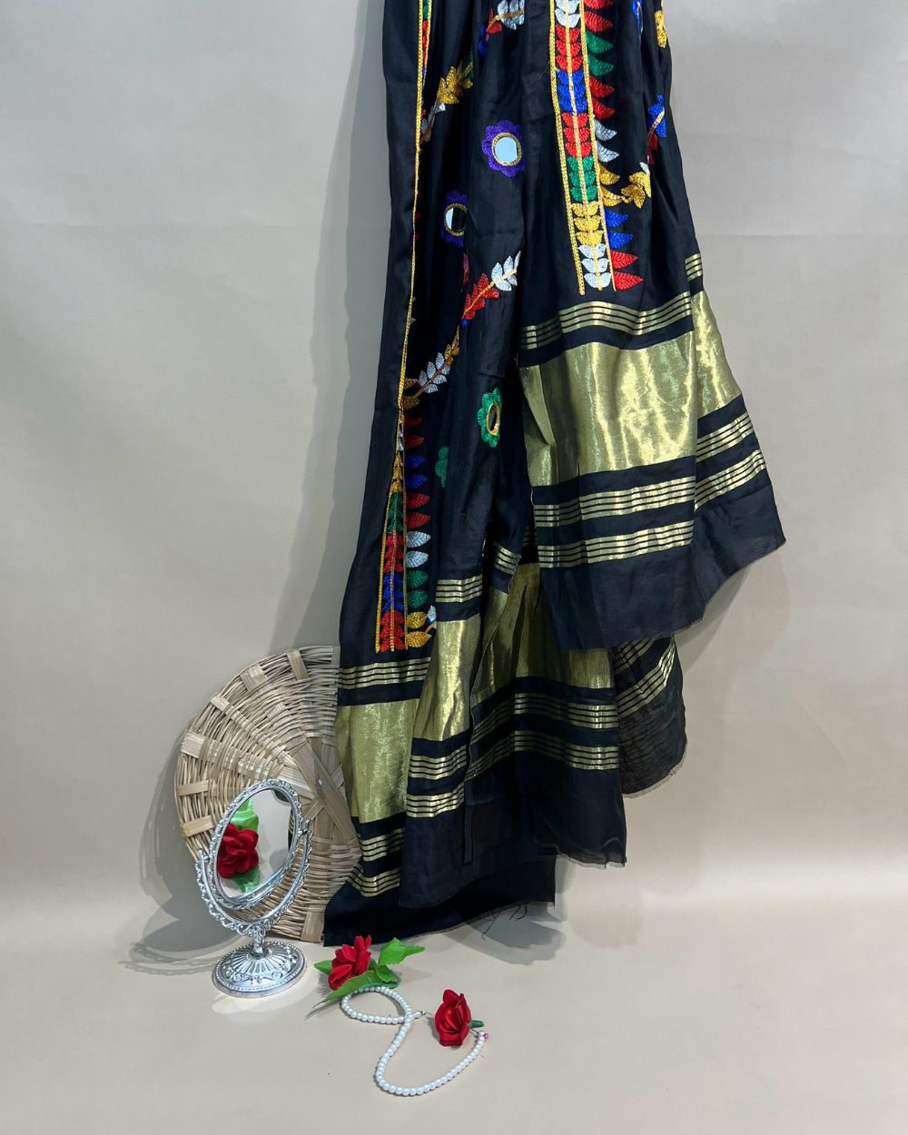 Abla Work Lagdi Patta Dupatta Art Silk Black Colour 40 Inches Width