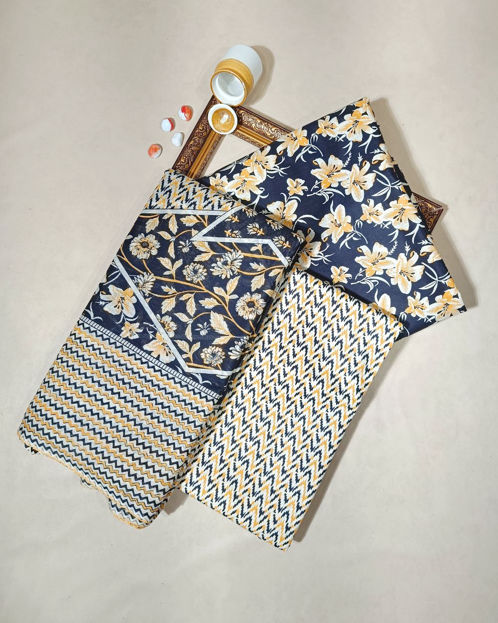 Printed Cotton Unstitched Top-Bottom Set with Dupatta Black Colour 44 Inches Width