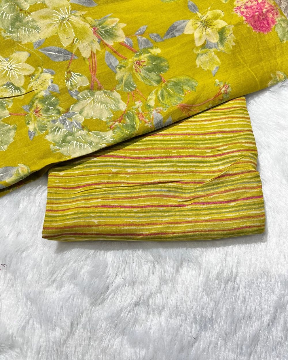 Printed Muslin Unstitched Top (2.30 mtr) & Bottom (2.60 mtr) Set Lime Lemon Colour 42 Inches Width