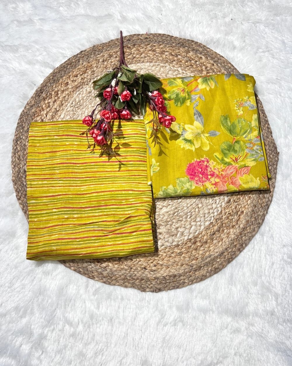 Printed Muslin Unstitched Top (2.30 mtr) & Bottom (2.60 mtr) Set Lime Lemon Colour 42 Inches Width