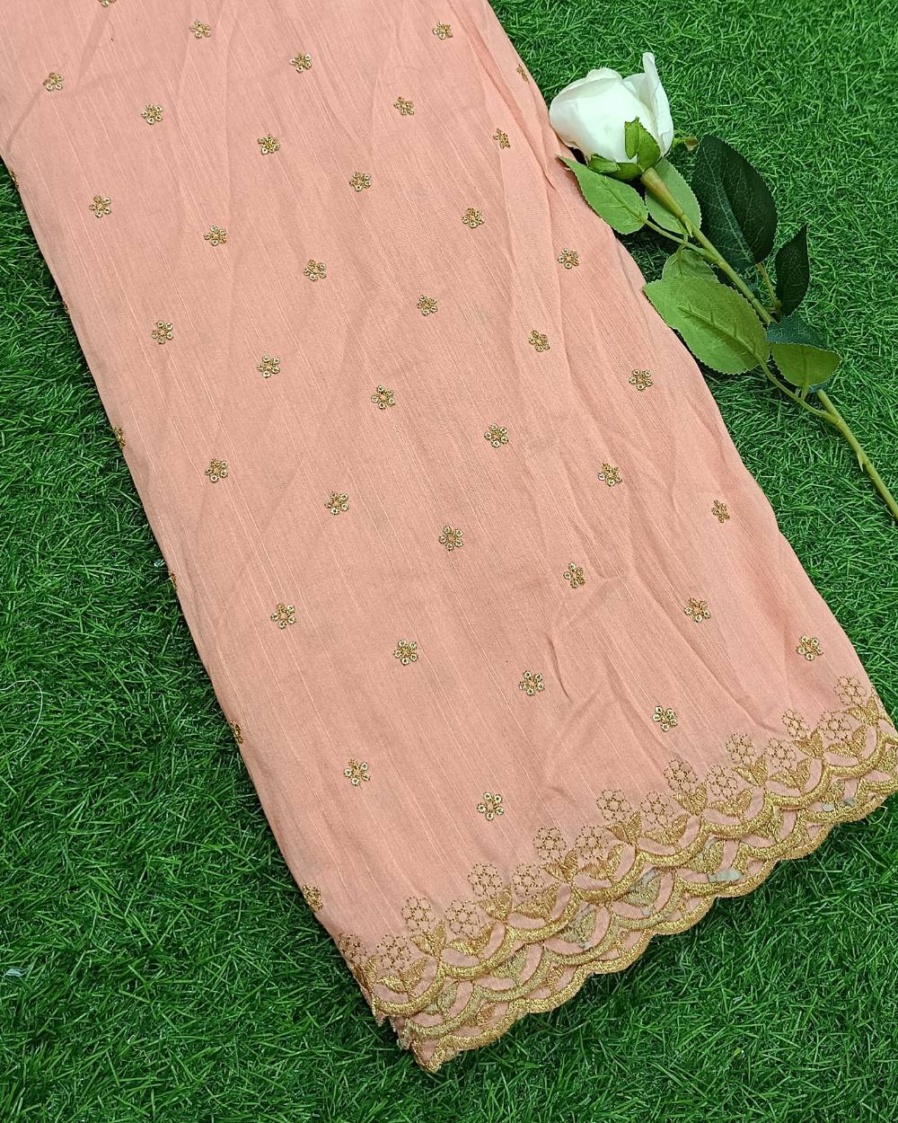 Mulberry Silk Work with Cutwork Border Light Peach Colour 42 Inches Width