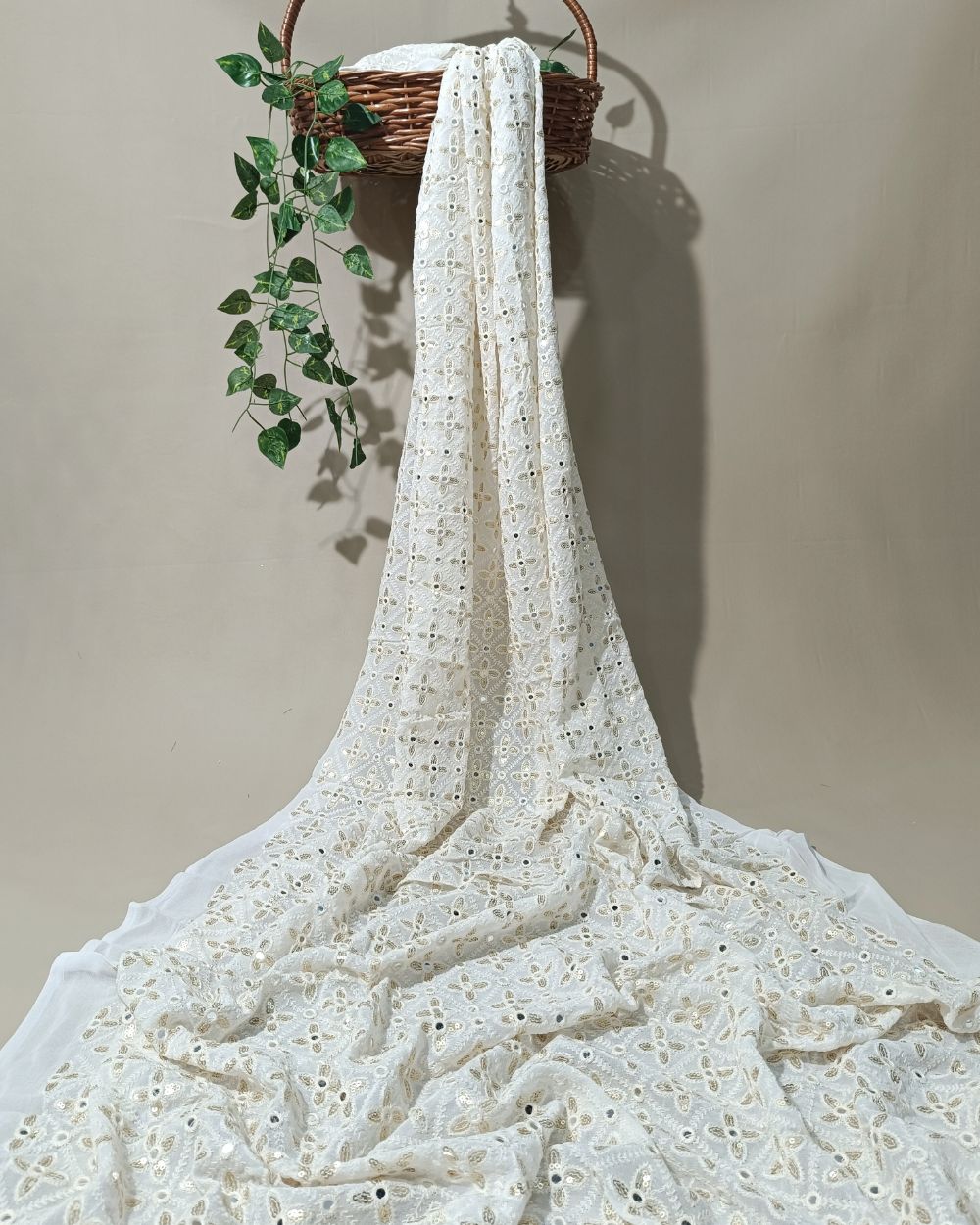 Dyeable Lucknowi Work Viscose Georgette White Colour 44 inches width