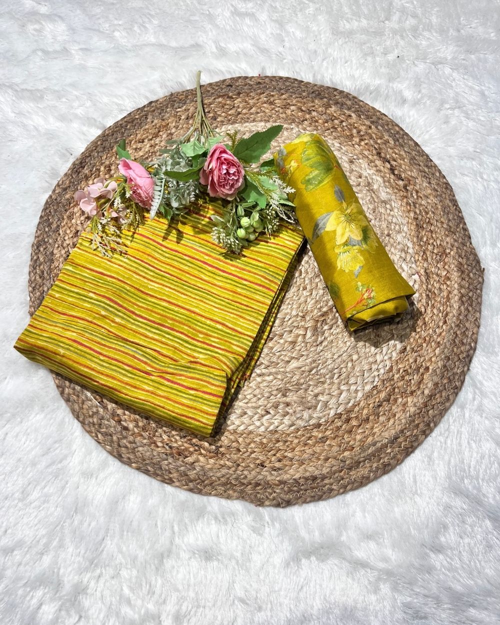 Printed Muslin Unstitched Top (2.30 mtr) & Bottom (2.60 mtr) Set Lime Lemon Colour 42 Inches Width
