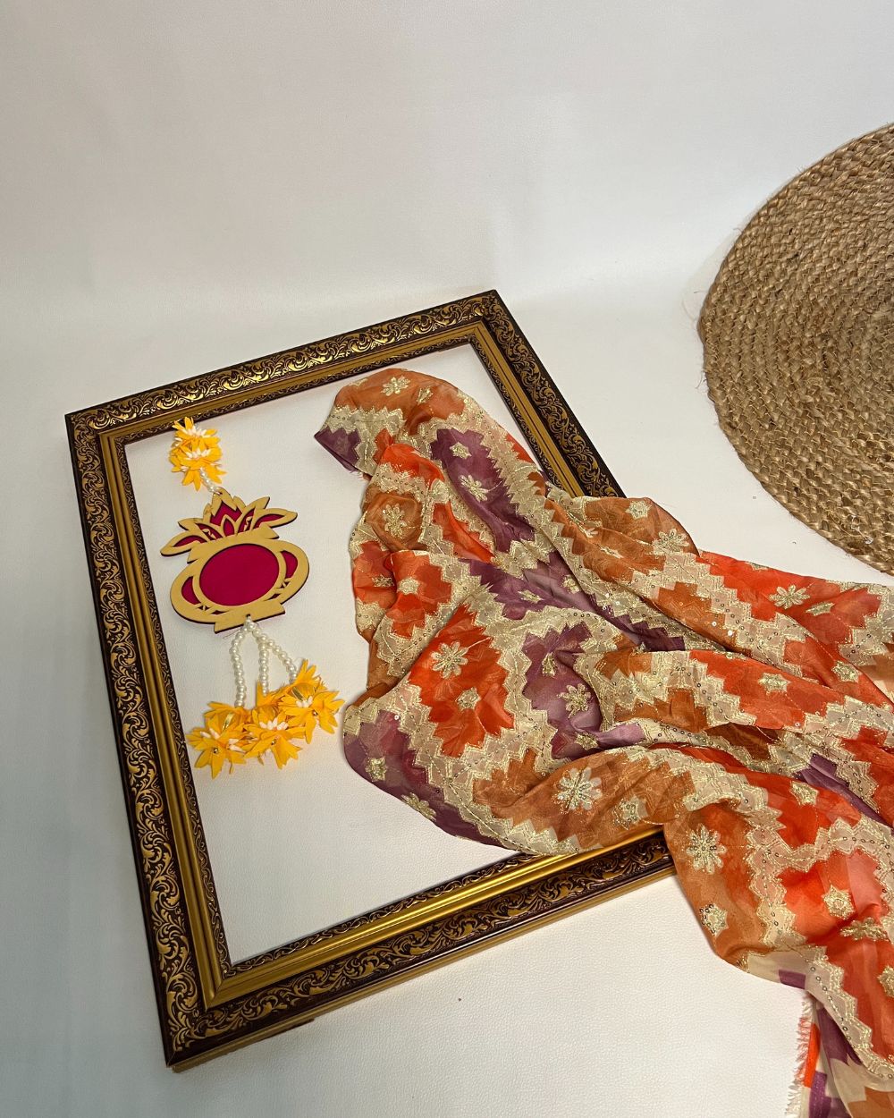 Position Print with Sequin Embroidery on Premium Organza Orange Colour 48 Inches Width