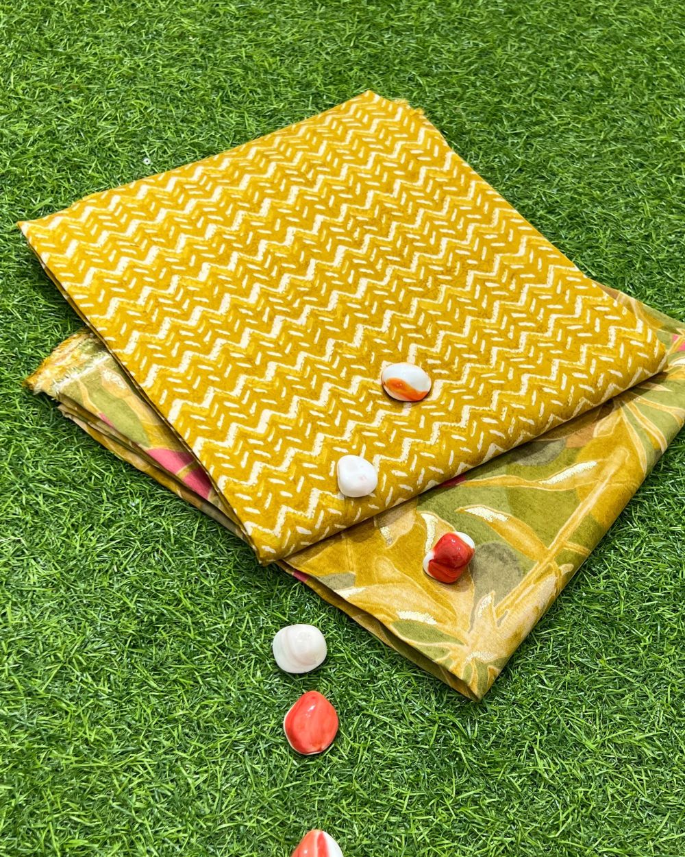 Printed Muslin Modal Unstitched Top (2 mtr) & Bottom (2.50 mtr) Set Mustard Yellow Colour 42 Inches Width