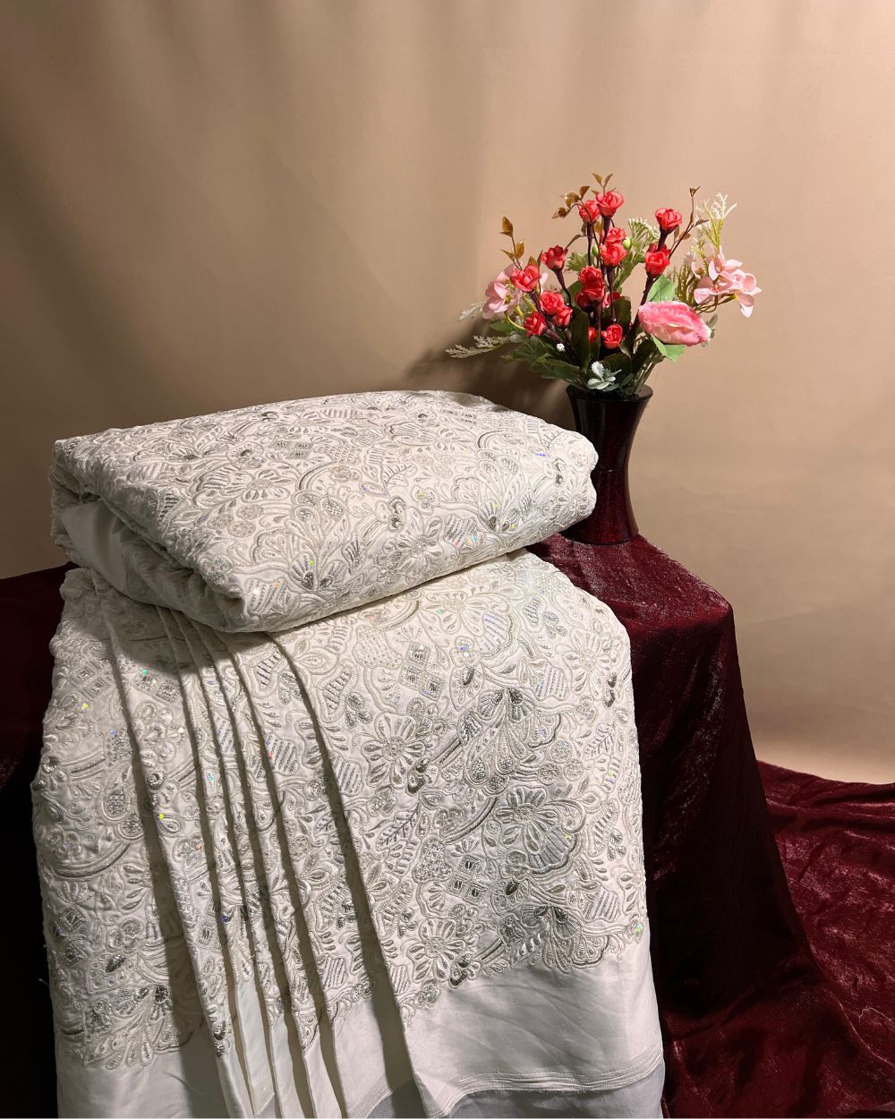 Malai Silk Work White Colour 56 Inches Width