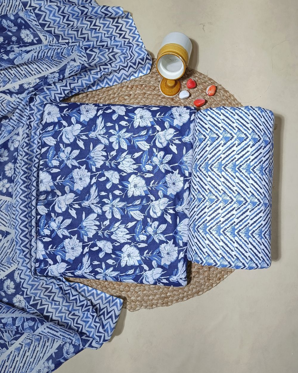 Printed Cotton Unstitched Top-Bottom Set with Dupatta Indigo Blue Colour 44 Inches Width