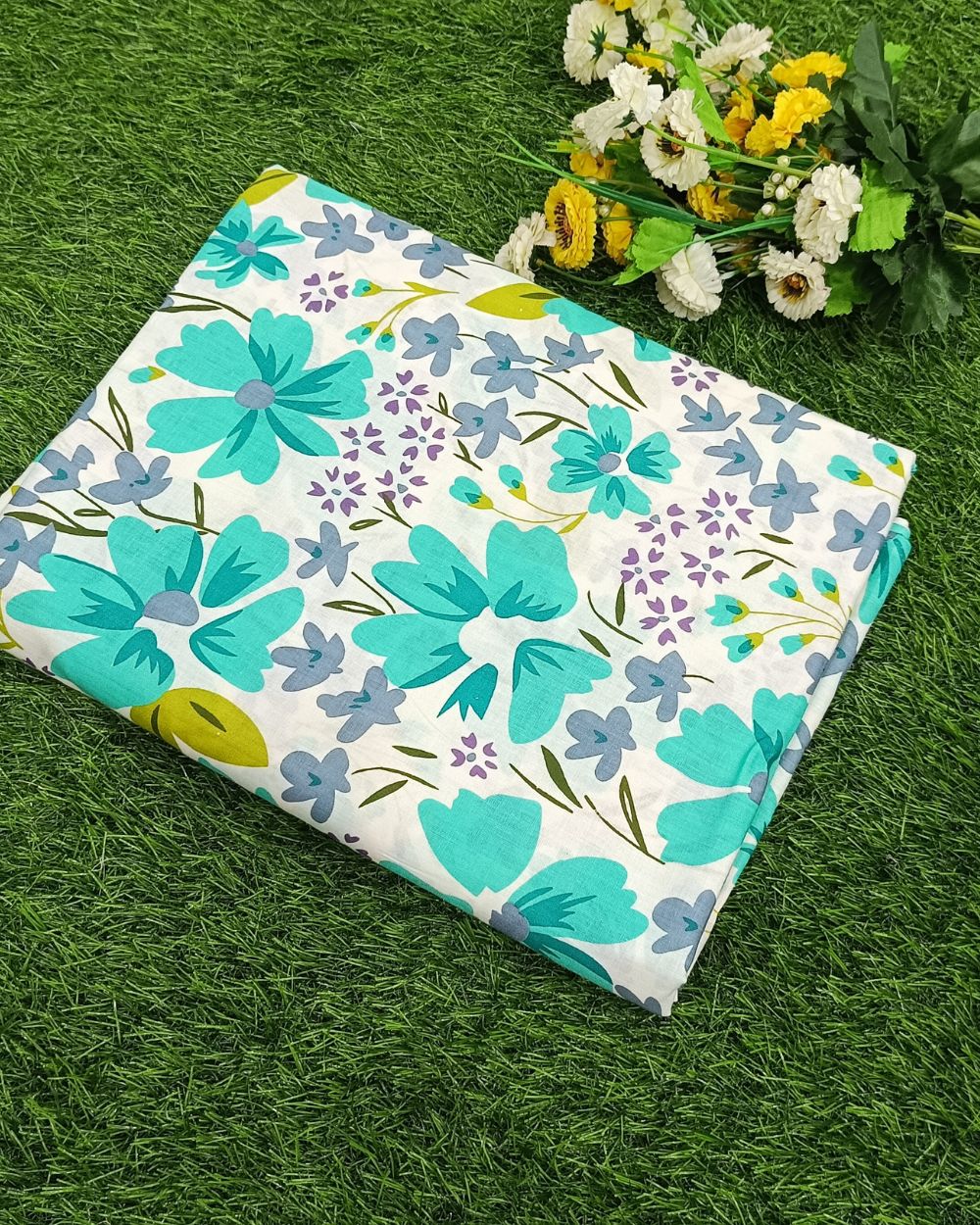 Printed Cotton Unstitched Top-Bottom Set with Dupatta Turquoise Colour 42  Inches Width