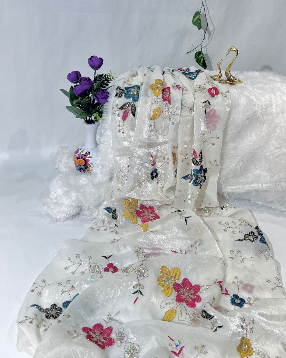 Space Silk Work White Colour 44 Inches Width