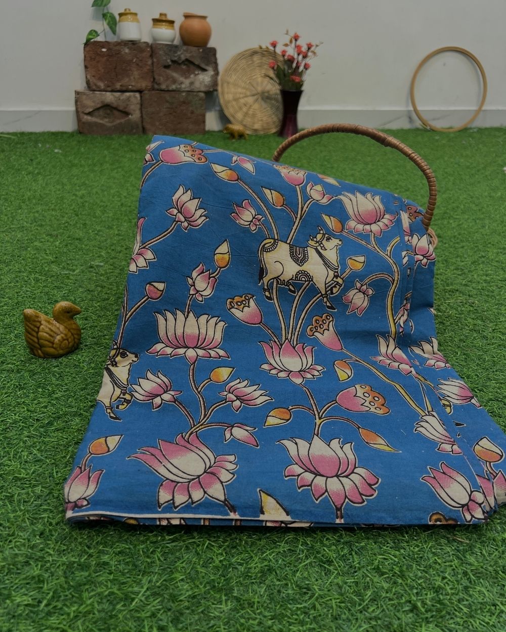 Hand Block Printed Cotton Kalamkari Blue Colour 47 Inches Width