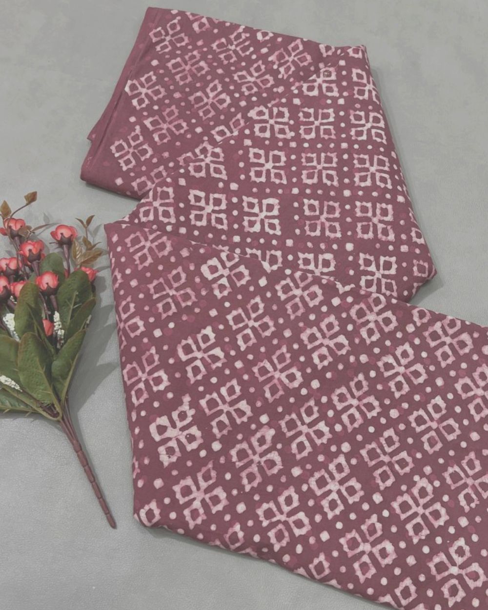 Cotton Dabu Hand Block Print Dusty Maroon Colour 44 Inches Width
