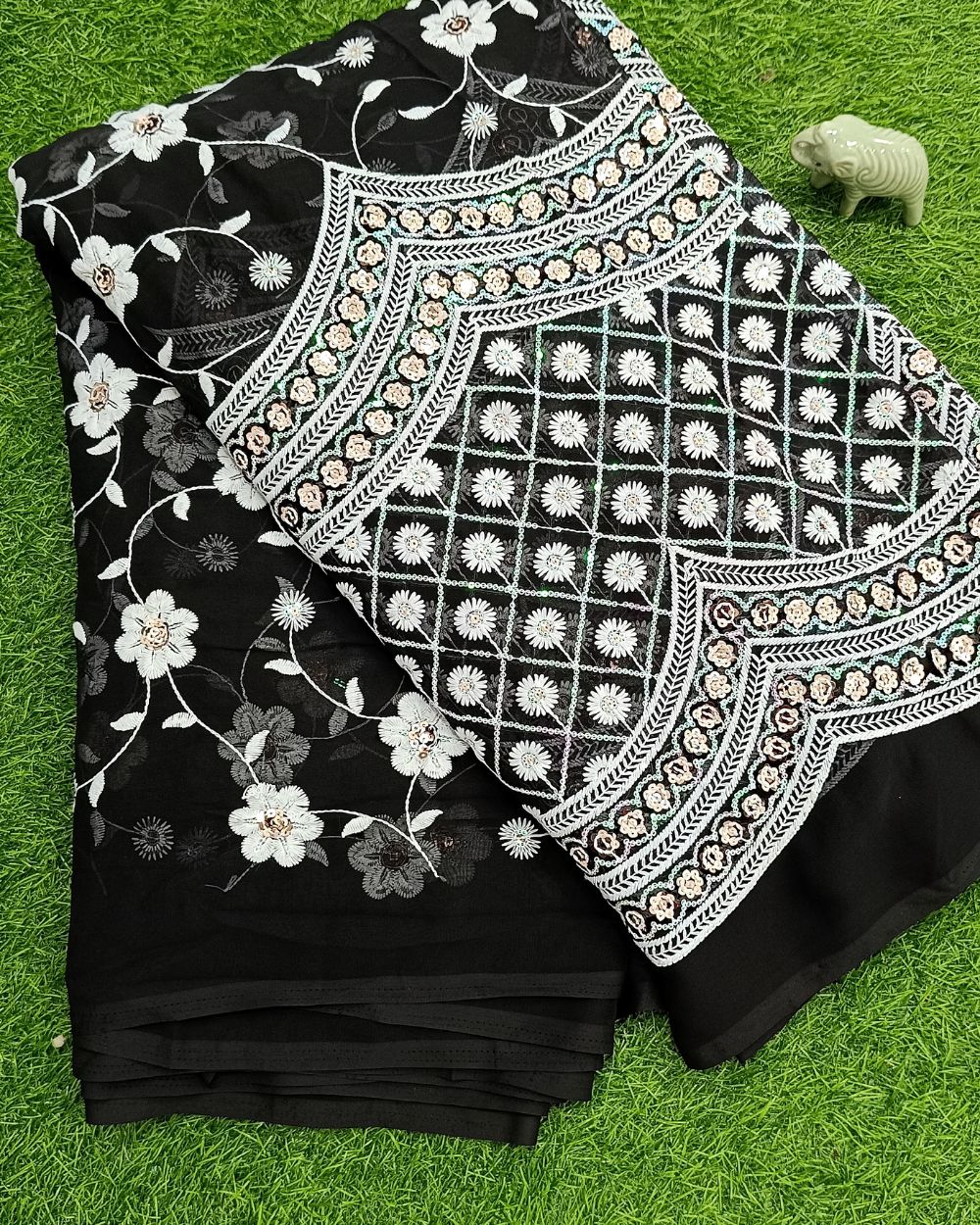 Georgette Work with Cutwork Panel Black Colour 43 Inches Width