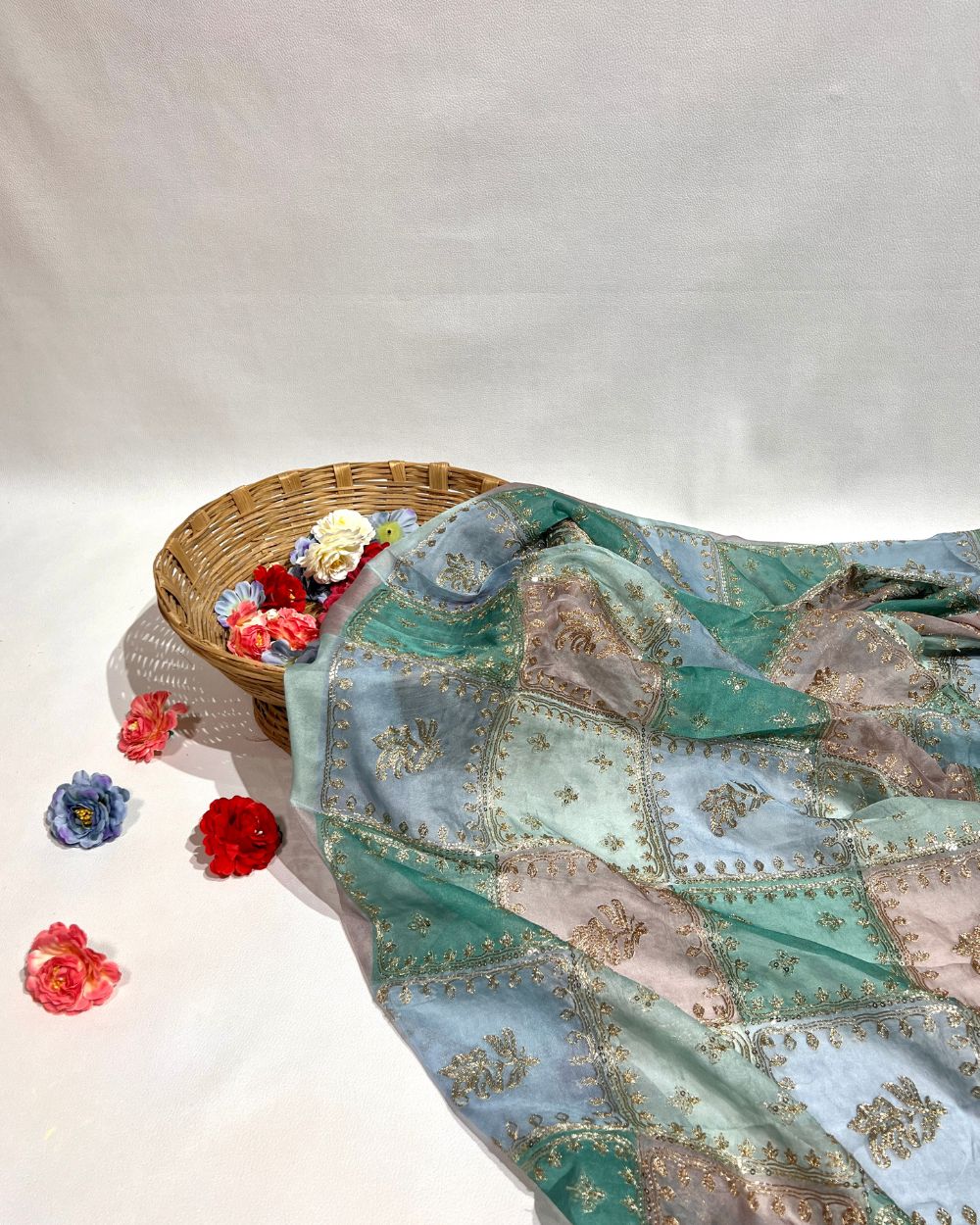 Position Print with Sequin Embroidery on Premium Organza Mint Green Colour 44 Inches Width