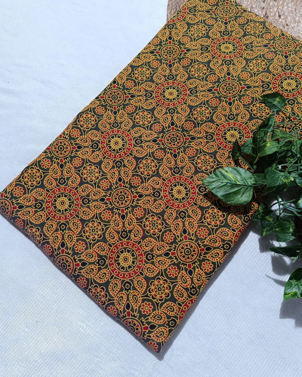 Ajrakh Cotton Natural Dye Block Printed Mehandi Green Colour 42 Inches Width
