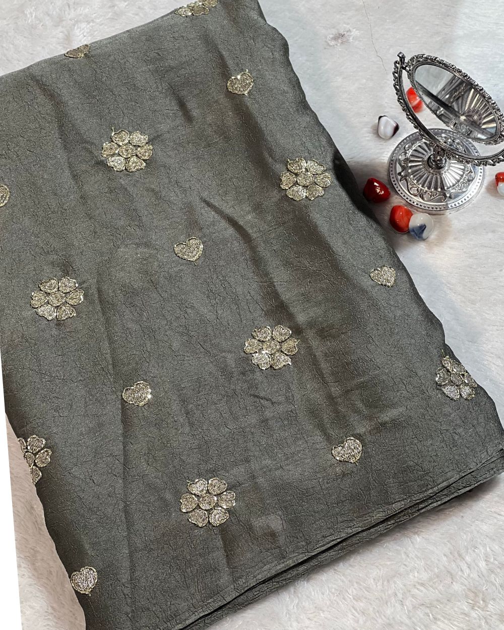 Rangoli Crush Silk Work Grey Colour 42 Inches Width