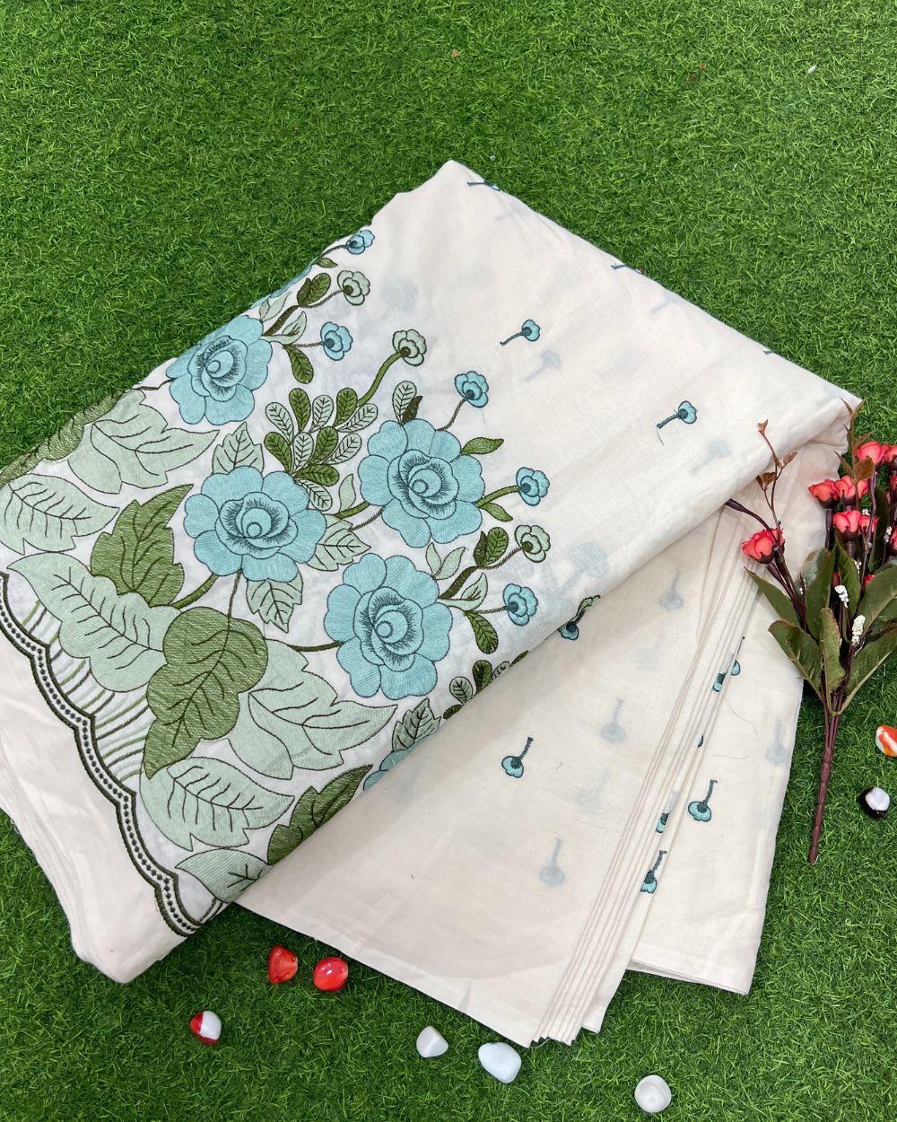 Kora Cotton Border Work Pastel Sky Blue Colour 45 Inches Width
