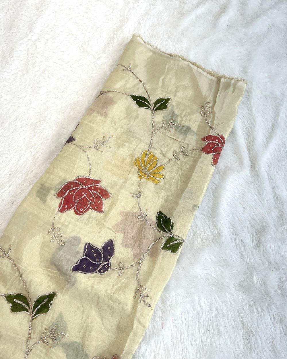 Cosmos Golden Colour fabric with Multicolor Floral Work 44 Inches Width
