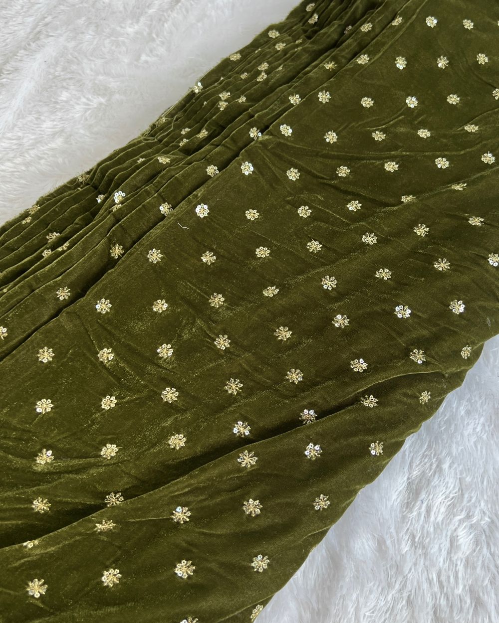 Premium Velvet Butti Work Mehandi Green Colour 44 Inches Width