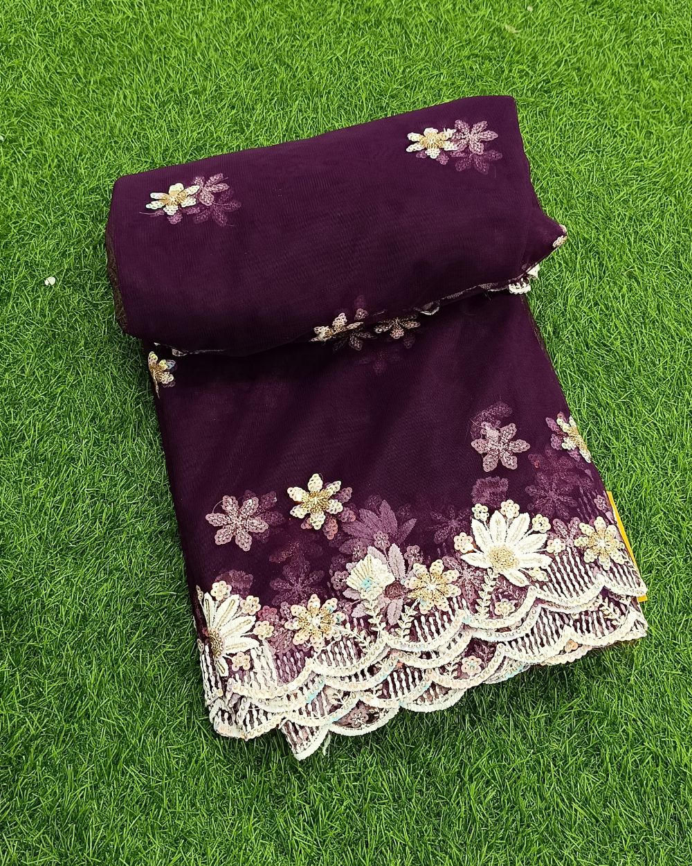 Net Work with Cutwork Border Dark Wine Colour 38 Inches Width