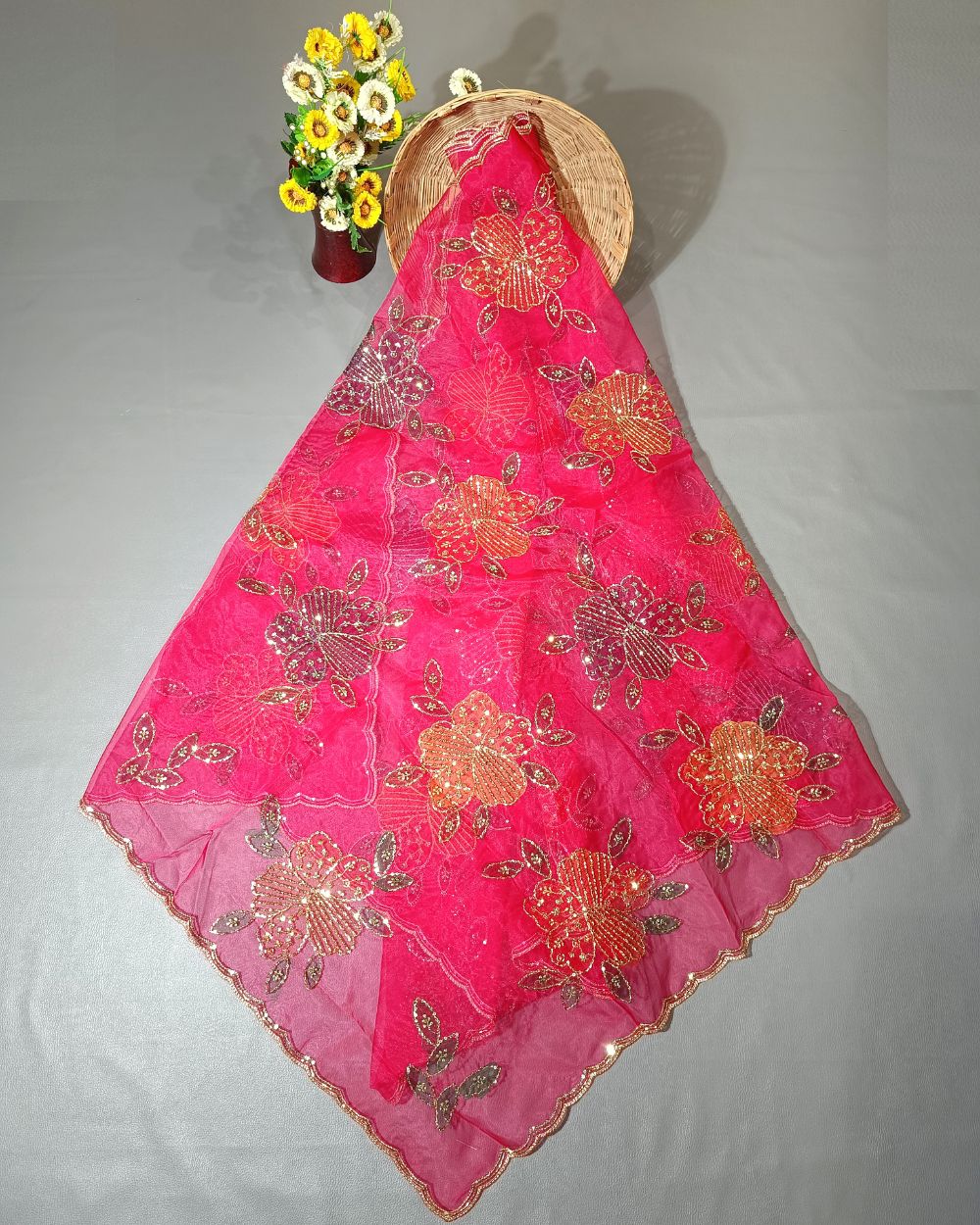 Premium Pure Soft Organza Work Dupatta Rani Pink Colour 39 Inches Width