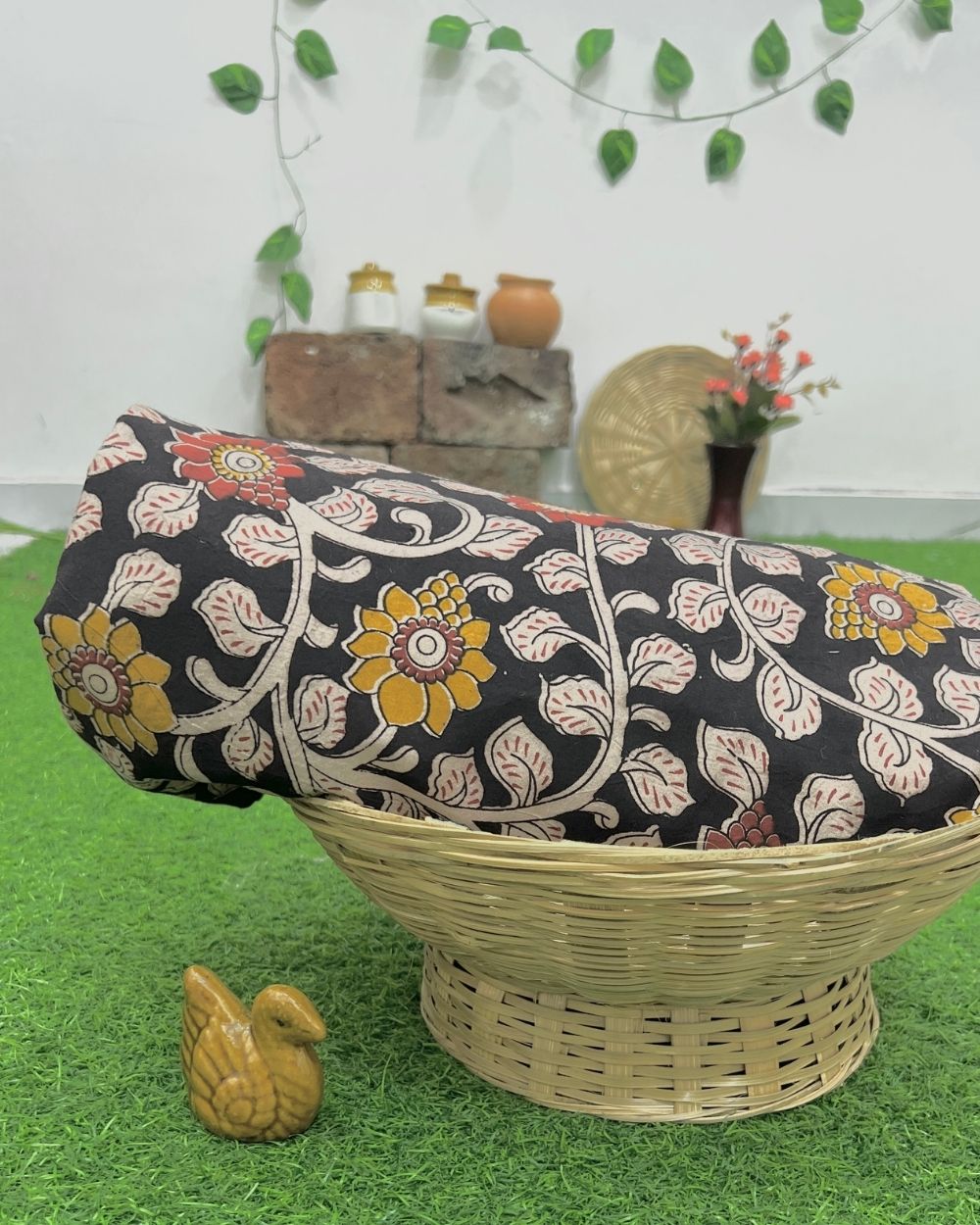Hand Block Printed Cotton Kalamkari Black Colour 47 Inches Width