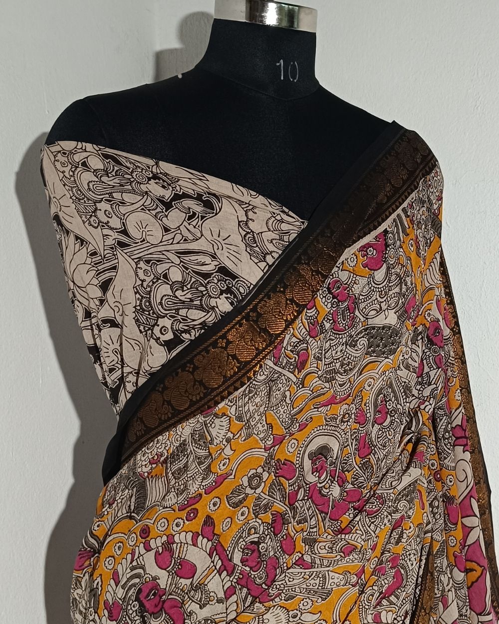 Hand Block Printed Cotton Kalamkari Saree with Blouse Piece Mustard Yellow Colour 46 Inches Width