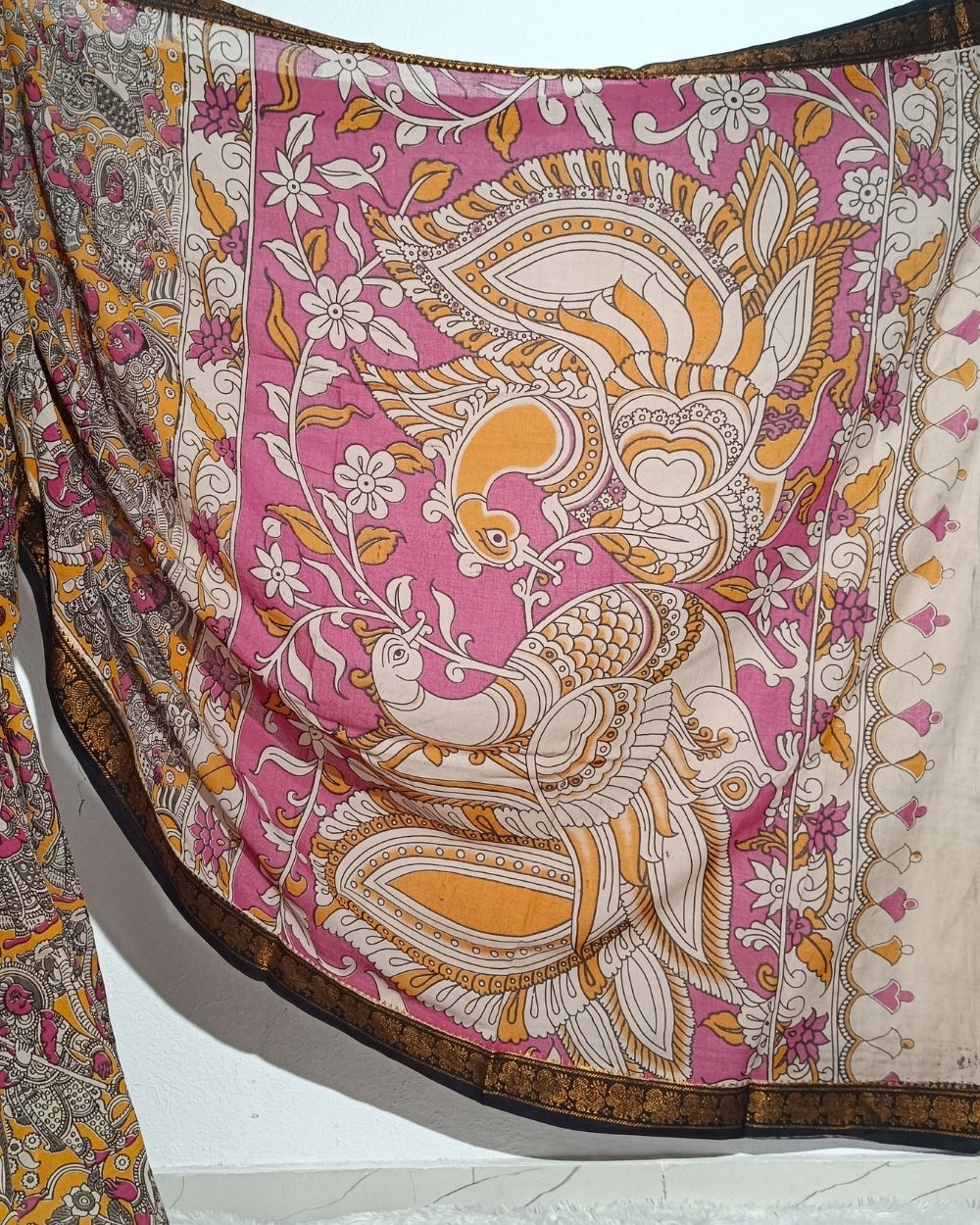 Hand Block Printed Cotton Kalamkari Saree with Blouse Piece Mustard Yellow Colour 46 Inches Width